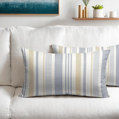 Blue Yellow Lumbar Pillow Covers 12x20 Set of 2 Geometric Striped Print Partten Decorative Outdoor Boho Pillowcases with Zipper Rustic Decoration Farmhouse Sofa Couch Throw Cushion Cover Bed Decor