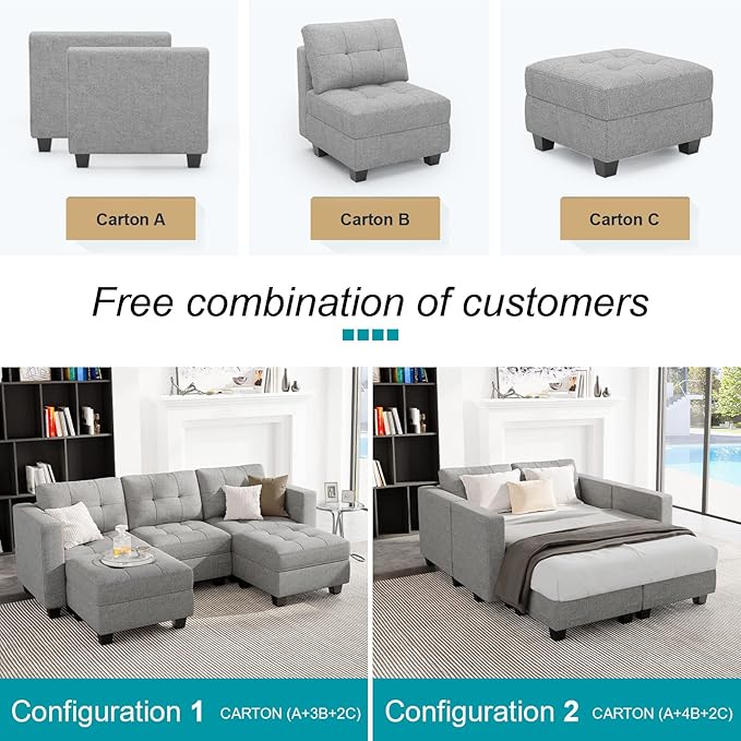 Belffin U-Shaped Sectional Sofa, Light Grey, 58.3"W x 90.2"L x 33.5"H, Reversible Chaise Lounge, Sturdy Solid Wood Frame, Plush Woven Fabric, Hidden Storage, Foldable Backrest, Easy Assembly