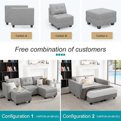 Belffin U-Shaped Sectional Sofa, Light Grey, 58.3"W x 90.2"L x 33.5"H, Reversible Chaise Lounge, Sturdy Solid Wood Frame, Plush Woven Fabric, Hidden Storage, Foldable Backrest, Easy Assembly