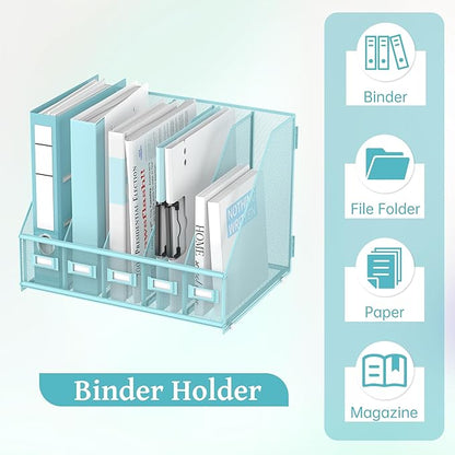 SUPEASY Desk Organizers Metal Desk Magazine File Holder with 5 Vertical Compartments Rack File Organizer for Office Desktop, Home Workspace, Blue Plus