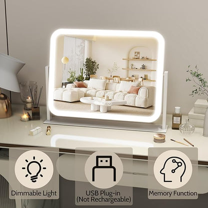 ROLOVE Lighted Makeup Mirror, 17"x13" Vanity Mirror with Lights, 10X Magnification, Gifts for Women, 3 Color Lighting Modes, Smart Touch Control, 360° Rotation for Bedroom or Tabletop (White)
