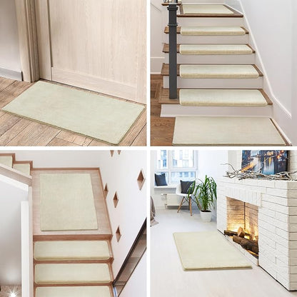 PURE ERA Carpet Stair Tread Landing Mat Area Rug Ultra Plush Shag Soft Non Slip Skid Resistant Tape Free Indoor Doormat Washable Reusable Beige 2' X 3'