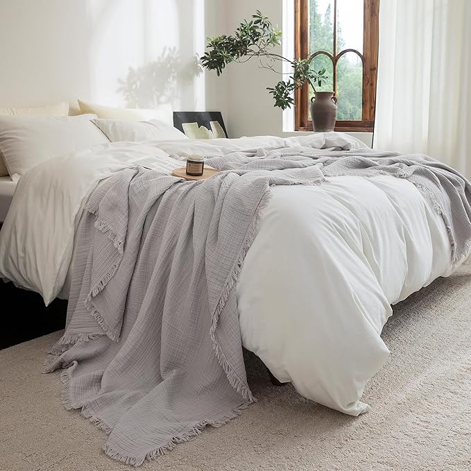FOSSA Muslin Blanket with Fringe - 4-Layer 100% Cotton Gauze Super Soft & Breathable Throw -Lightweight Decorative Cooling Blanket for Bed, Sofa, Office -Throw XL Size 70" x 50" (Grayish)