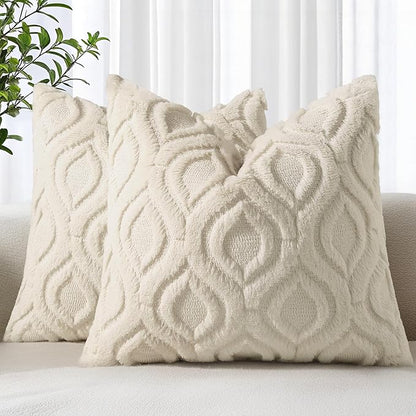 decorUhome Spring Throw Pillow Covers 20x20 Inch Set of 2, Soft Plush Faux Wool Beige Solid Couch Pillow Covers, Accent Farmhouse Neutral Square Pillow Cases for Sofa Bed Living Room