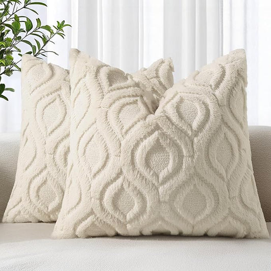 decorUhome Spring Throw Pillow Covers 20x20 Inch Set of 2, Soft Plush Faux Wool Beige Solid Couch Pillow Covers, Accent Farmhouse Neutral Square Pillow Cases for Sofa Bed Living Room
