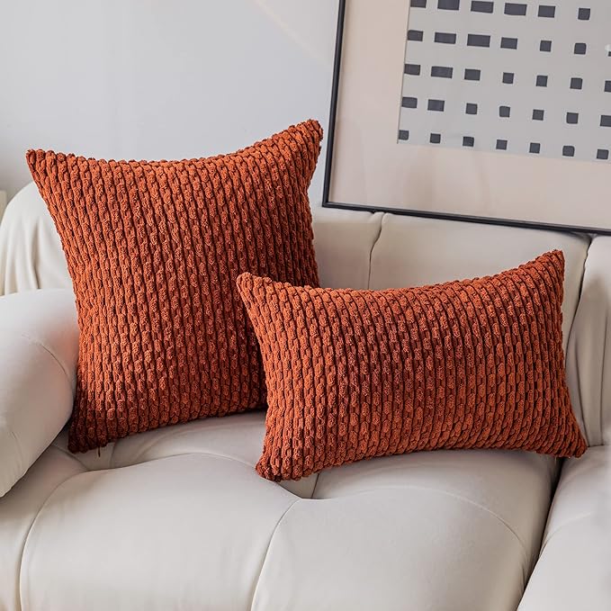 Kevin Textile Fall Set of 2 Striped Textured Velvet Corduroy Decorative Europe Sham Seasonal Autumn Throw Pillow Cushion Cover for Couch (60x60 cm 24 Inch) Burnt Brick