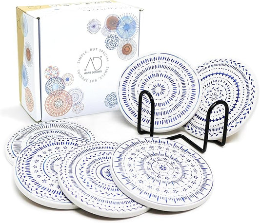 AD Set of 6 Coasters for Drinks Absorbing Round Ceramic Stone Coaster with Cork Base,Tabletop Protection Mat for Mugs and Cups,Office,Kitchen (Nordic Blue with Holder)