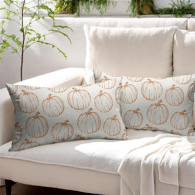 Fall Pillow Covers 12x20 Set of 2 Decorations Orange Pumpkin Throw Pillow Covers Decorative Thanksgiving Pillow Case Farmhouse Rustic Pillowcases Vintage Cozy Soft Autumn for Sofa Bed Home Decor