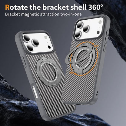Mag-Stand Carbon Fiber Case for iPhone 17 Pro, 360° Rotate Magnetic Stand, Compatible with MagSafe, 15FT Military Protection, Slim Shockproof Magnetic Kickstand Mag Phone Case for Men Women