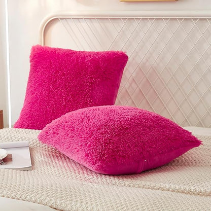 Uhamho Set of 2 Faux Fur Throw Pillow Covers Bed Pillowcases Soft Velvet Home Decorative Zipper Closure (Hot Pink, 18"x18")
