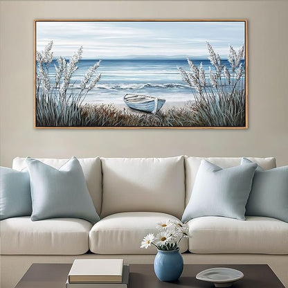 AJAZIKO Beach Vintage Wall Decor Pictures for Living Room Coastal Artwork for Walls Ocean Bedroom Wall Decor Above Bed Landscape Beach Canvas Wall Art Featuring Boat, Farmhouse, Seascape 20×40IN
