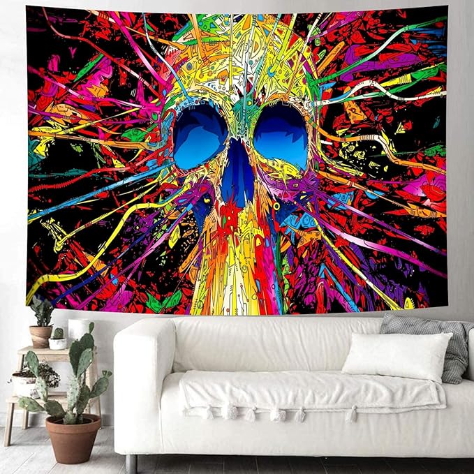 Delur Skull Tapestry Gothic Horror Colorful Skeleton Mystic Dark Tapestry Wall Hanging Trippy Vintage Aesthetic Witchy Psychedelic Headboard for Bedroom Living Room Home Decor (59.1" x 78.7")