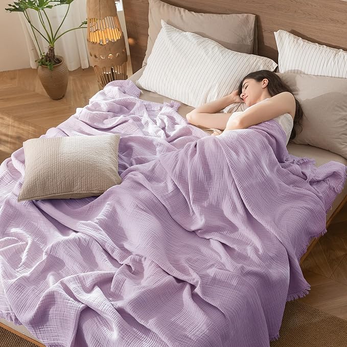 MooMee Muslin Blanket - 100% Cotton 4-Layer Gauze Throw Blanket with Tassels Ultra-Soft Breathable Lightweight Cooling for Bed Couch (Light Purple, Queen 90" x 90")