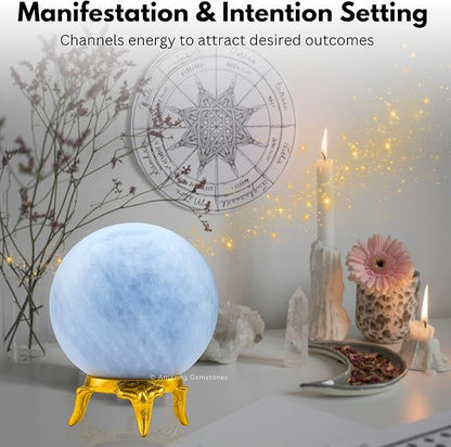 Amazing Gemstone Blue Calcite Crystal Ball with Stand - 1.5" Inches Crystal Sphere Meditation Balls for Witchcraft and Decorative Balls