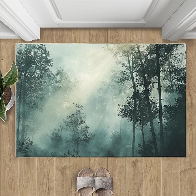 Forest Rug for Living Room, Misty Forest 3x5 Area Rug Natural Landscape Rug for Bedroom Non-Slip Indoor Floor Carpet, Low Pile Resistant Carpet for Dining Room, Office, Home Decor