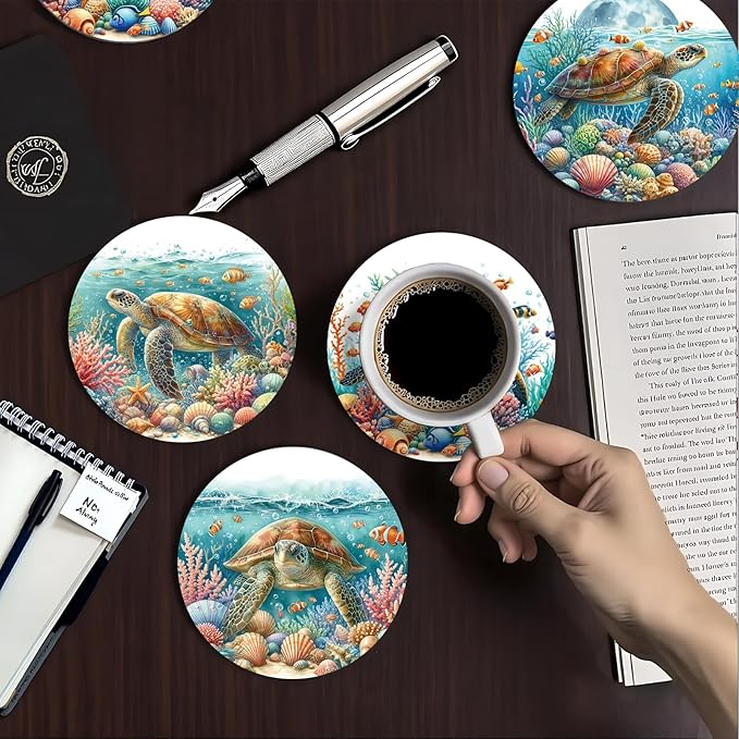 zcyhtqp, Funny Absorbent Round Ceramic Stone Coasters Set of 4 with Cork Base, Sea Turtles Round Ceramic Coasters, Gifts for Home, Kitchen, Bar, Coffee Table, Office Table Décor