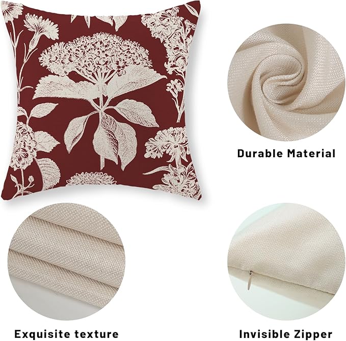 Burgundy Red Pillow Covers 18x18 Set of 2 Vintage Boho Herbs Botanical Floral HydrangeaThrow Pillows Outdoor Flower Decorative Pillow Cases Linen Farmhouse Cushion Case for Couch Sofa Decor