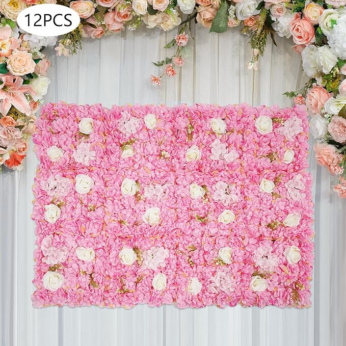 12Pcs Artificial Flower Wall Panel 3D Floral Backdrop Walls15 X 15" Flower Wall Decor Panel Flower Backdrop for Party Home Background Decor, Pink