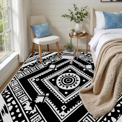 Area Rugs for Living Room 5x8, Moroccan Washable Low Pile Rug, Boho Neutral Farmhouse Ultra Soft Carpet for Bedroom Dining Room Home Decor, Geometric Print Tribal Carpets Black and White