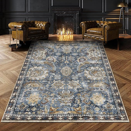 RUGSURE Washable Area Rugs - Perfect for Living Room, Bedroom, Kids Room, Nursery - Stain & Water Resistant Non-Slip, Pet & Child Friendly, Vintage Tribal Area Rugs (Navy, 6' x 9')