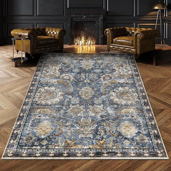 RUGSURE Washable Area Rugs - Perfect for Living Room, Bedroom, Kids Room, Nursery - Stain & Water Resistant Non-Slip, Pet & Child Friendly, Vintage Tribal Area Rugs (Navy, 4' x 6')