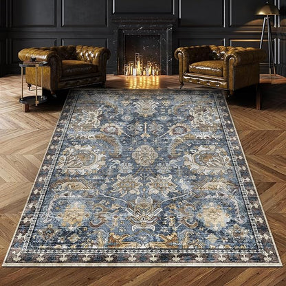 RUGSURE Washable Area Rugs - Perfect for Living Room, Bedroom, Kids Room, Nursery - Stain & Water Resistant Non-Slip, Pet & Child Friendly, Vintage Tribal Area Rugs (Navy, 4' x 6')