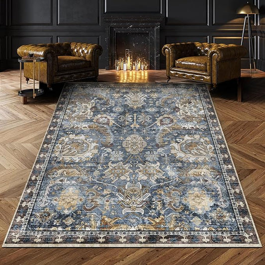 RUGSURE Washable Area Rugs - Perfect for Living Room, Bedroom, Kids Room, Nursery - Stain & Water Resistant Non-Slip, Pet & Child Friendly, Vintage Tribal Area Rugs (Navy, 3' x 5 ')