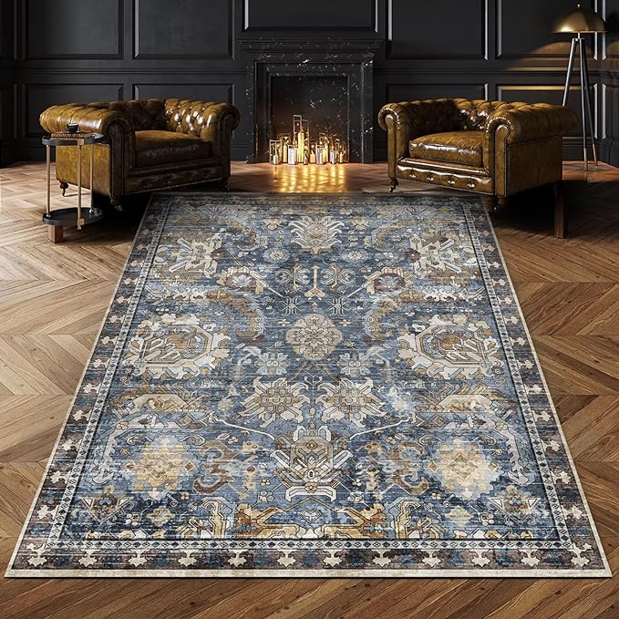 RUGSURE Washable Area Rugs - Perfect for Living Room, Bedroom, Kids Room, Nursery - Stain & Water Resistant Non-Slip, Pet & Child Friendly, Vintage Tribal Area Rugs (Navy, 5' x 7')