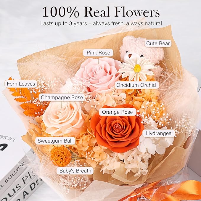 Preserved Flowers Bouquet with Bear, 3 Real Forever Flowers for Delivery, Long-Lasting Orange Eteranl Roses Bouquet, Anniversary Birthday Valentine Gifts for Women Mom Grandma Her Wife Girlfriend