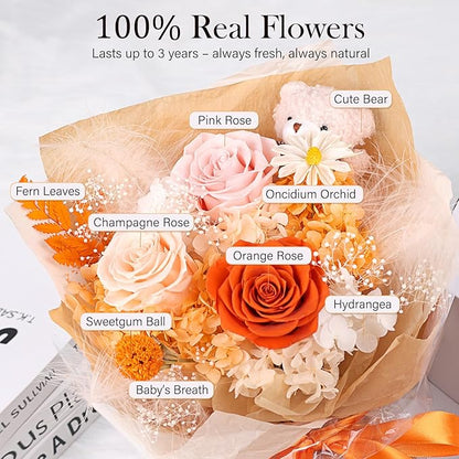 Preserved Flowers Bouquet with Bear, 3 Real Forever Flowers for Delivery, Long-Lasting Orange Eteranl Roses Bouquet, Anniversary Birthday Valentine Gifts for Women Mom Grandma Her Wife Girlfriend