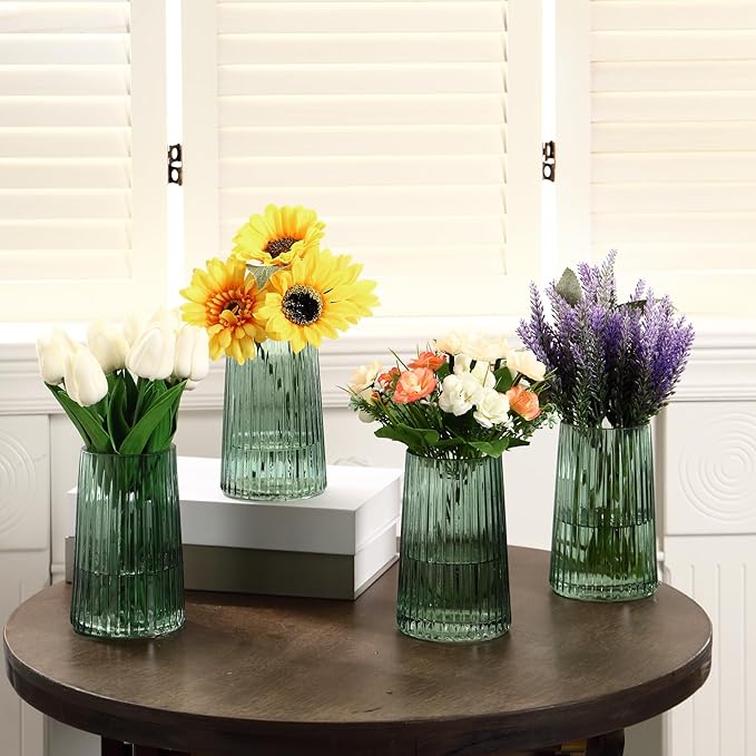 Green Glass Vases Set of 4, Small Vases for Flowers, Flower Vase for Bouquet, Modern Ribbed Glass Vase for Living Room, Bedroom, Dining Table, Office, Wedding, Centerpieces