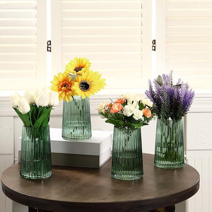 Green Glass Vases Set of 4, Small Vases for Flowers, Flower Vase for Bouquet, Modern Ribbed Glass Vase for Living Room, Bedroom, Dining Table, Office, Wedding, Centerpieces