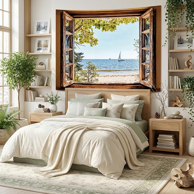 Lifeel Beach Landscape Tapestry, Tropic Ocean Tree Nature Scenic Window Tapestries for Living Room Bedroom Home Decor, 60x80 inches