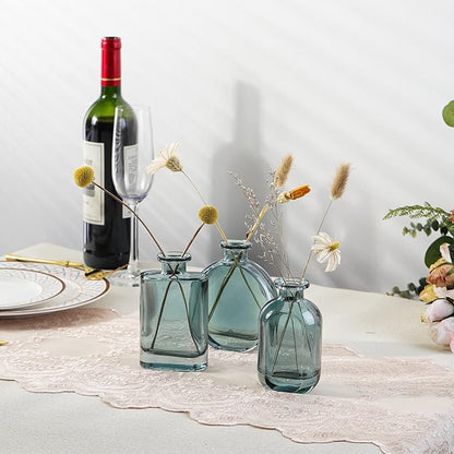 Joeyan Green Glass Bud Vase Set of 3 - Decorative Rustic Flower Vase - Small Bottle Vase Centerpieces for Wedding, Home, Office, Table Décor
