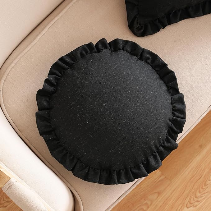 ISAENNE Classic Black Round Throw Pillow Cover Diameter 16", Solid Color Farmhouse Linen Cotton Decoration Pillow Cover with Ruffles, Sturdy Throw Pillow Case for Couch Sofa Bed Living Room