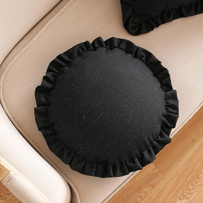 ISAENNE Classic Black Round Throw Pillow Cover Diameter 16", Solid Color Farmhouse Linen Cotton Decoration Pillow Cover with Ruffles, Sturdy Throw Pillow Case for Couch Sofa Bed Living Room