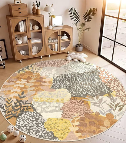DEXDE Round Rug 6ft Washable Circle Area Rugs Non Slip Low Pile Boho Floral Large Circular Carpet for Bedroom Bathroom Entryway Kids Room Office Dining Room,Camel