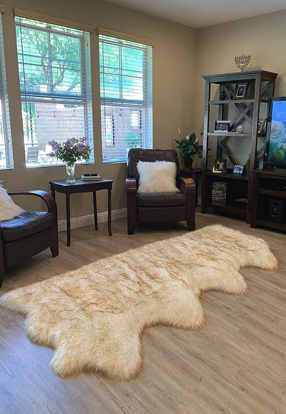 LAMBZY Faux Sheepskin Super Soft Hypoallergenic Silky Shag Rug for Living Room, Kids Room, Sofa (Quarto 4 Pelts Side by Side 3'x8', White/Brown Tips)