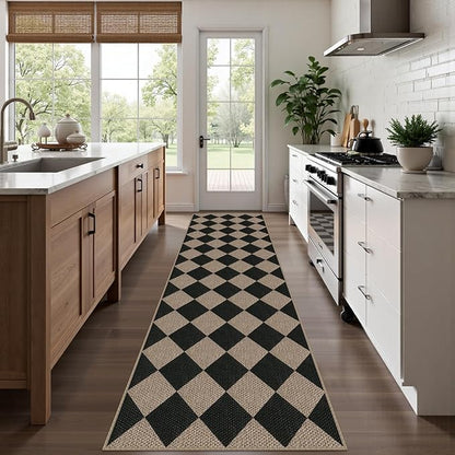 Easy Jute Checkered Runner Rug, 2.6x10 Black Modern Washable Rugs Runner for Hallway Non-Slip Kitchen Runner Rug, Geometric Diamond Indoor Outdoor Carpet for Porch Laundry Entryway