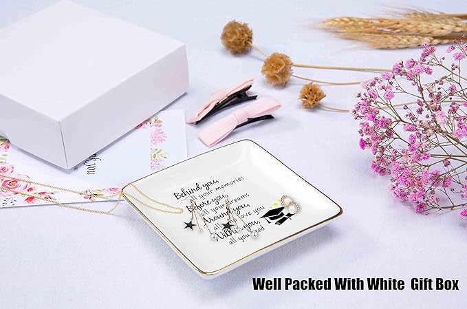 Topthink Behind You All Memories Before You All Your Dreams– Ceramic Jewelry Holder Ring Dish Trinket Box Tray – Inspirational Graduation Gifts For Girls Daughter Sister Niece Best Friends BFF