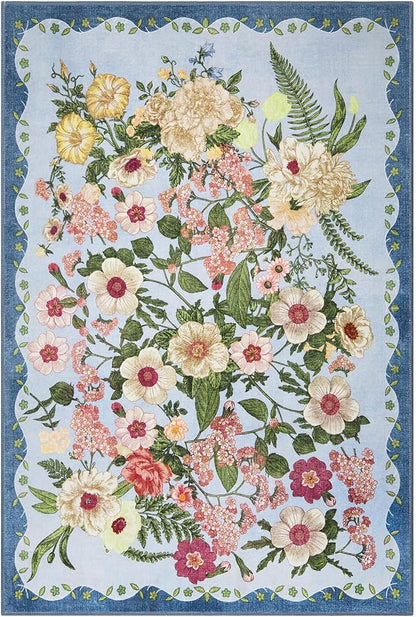 Door Mat Entrance 2x3 Rug - Floral Rugs Washable Small Area Rug Non-Slip Stain Resistant Low Pile Flower Print Throw Rugs for Indoor Entryway, Bedroom, Kitchen, Front Door, Entry - Blue