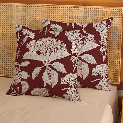 Burgundy Red Pillow Covers 18x18 Set of 2 Vintage Boho Herbs Botanical Floral HydrangeaThrow Pillows Outdoor Flower Decorative Pillow Cases Linen Farmhouse Cushion Case for Couch Sofa Decor