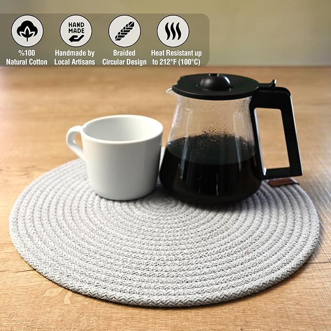 Round Placemats Set of 4, Handmade by Braided Cotton Cord, Dia. 12.6 Inch, Doublesided, Heat Resistant, Gray