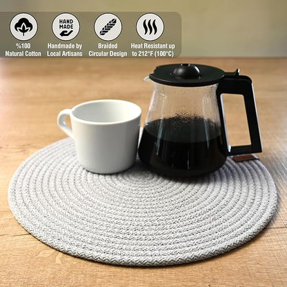 Round Placemats Set of 4, Handmade by Braided Cotton Cord, Dia. 12.6 Inch, Doublesided, Heat Resistant, Gray