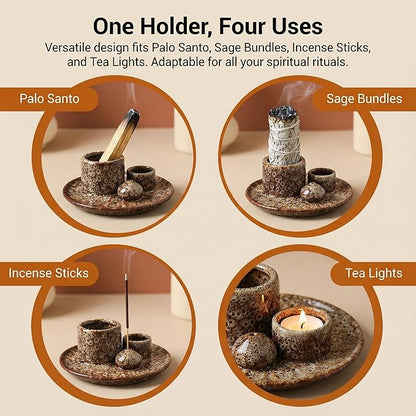 Palo Santo Sticks Holder, Multi-Purpose Handmade Ceramic Incense Burner for Palo Santo Incense Sticks, Sage Holder for Burning, Ash Catcher Tray for Meditation Yoga Room-Brown White