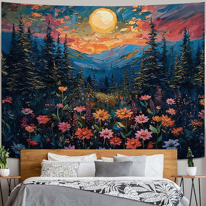 kampdream Landscape Tapestry, Scenery Art Wall Tapestries, Nature Wall Decor for Bedroom Living Room Backdrop Sunset Wildflowers 44×60 inches