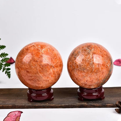 JIC Gem Sunstone Crystal Sphere Ball Natural Quartz Crystal Sphere Ball with Wooden Stand (50-60mm)