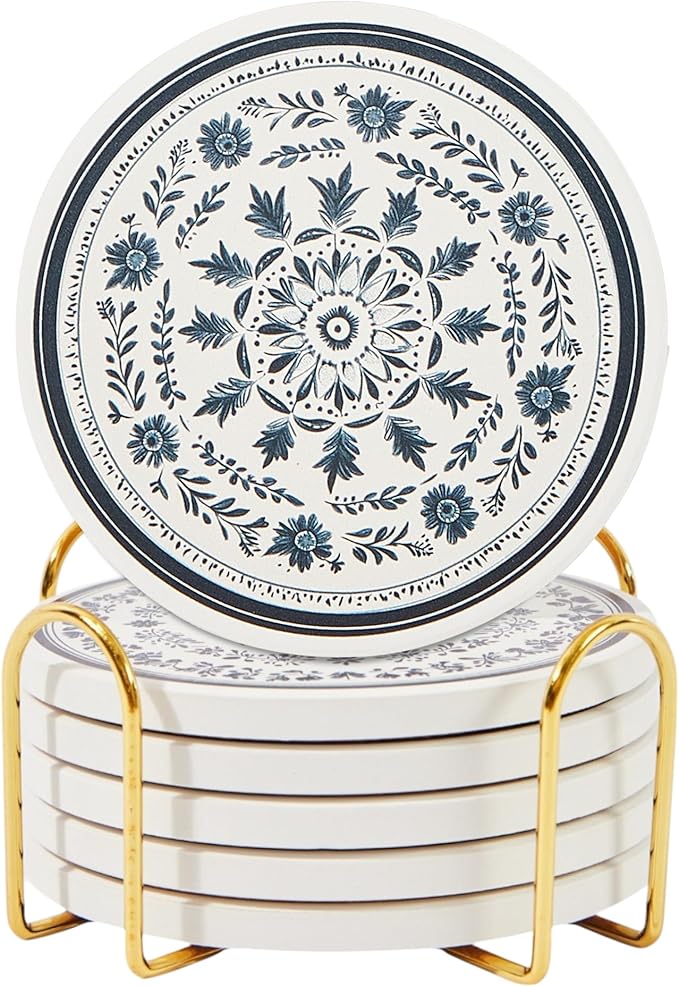 Mandala Ceramic Absorbent Coasters Set of 6 with Holder, Marble Drink Coasters for Coffee Table, Water Absorbing Coaster (Zen)