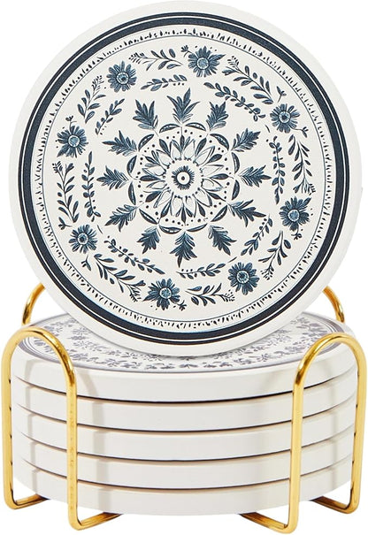 Mandala Ceramic Absorbent Coasters Set of 6 with Holder, Marble Drink Coasters for Coffee Table, Water Absorbing Coaster (Zen)