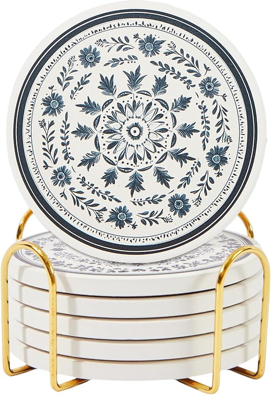 Mandala Ceramic Absorbent Coasters Set of 6 with Holder, Marble Drink Coasters for Coffee Table, Water Absorbing Coaster (Zen)